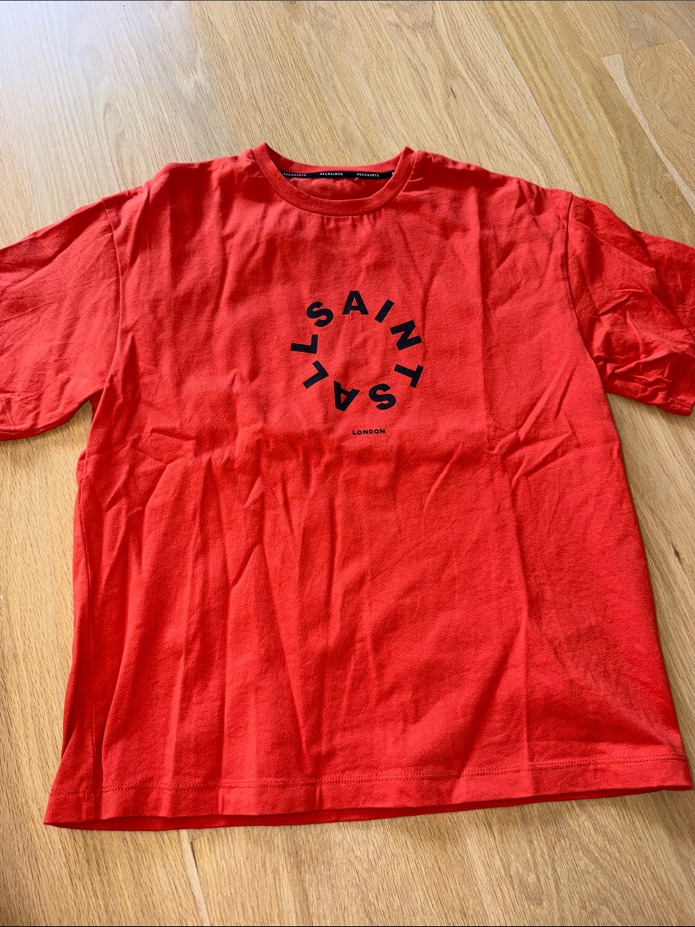 All Saints Red Crewneck T-Shirt with Black Circular Logo